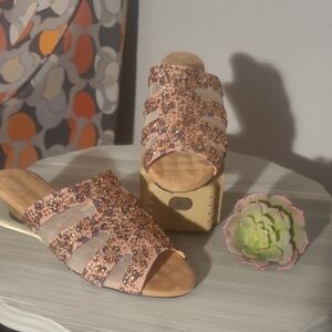 Joan Boyce Sparkling Pink and Tan Mules
